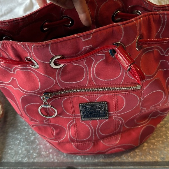 Coach Poppy Bucket Bag Canvas Red Monogram - Picture 12 of 13